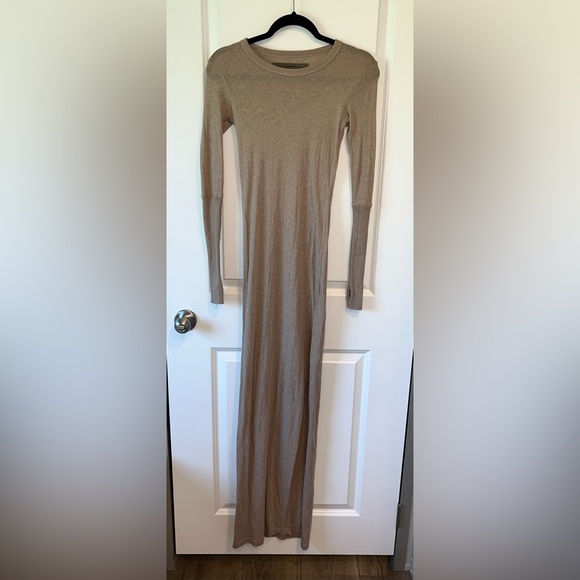Enza Costa Slit Long Sleeve Crew Fitted Maxi Dress Cotton & Cashmere Khaki - Picture 1 of 8